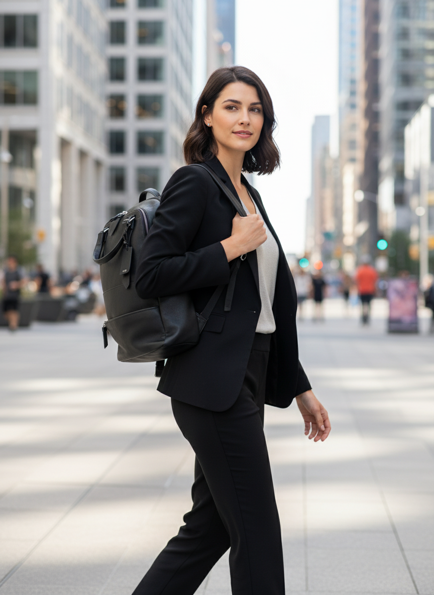 Imagen comercial mochila TUMI con modelo femenino
