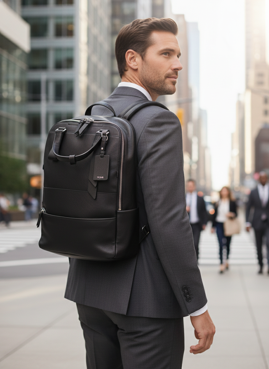 Imagen comercial mochila TUMI con modelo