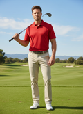 Imagen comercial polo Nike Golf Dri-Fit rojo con modelo