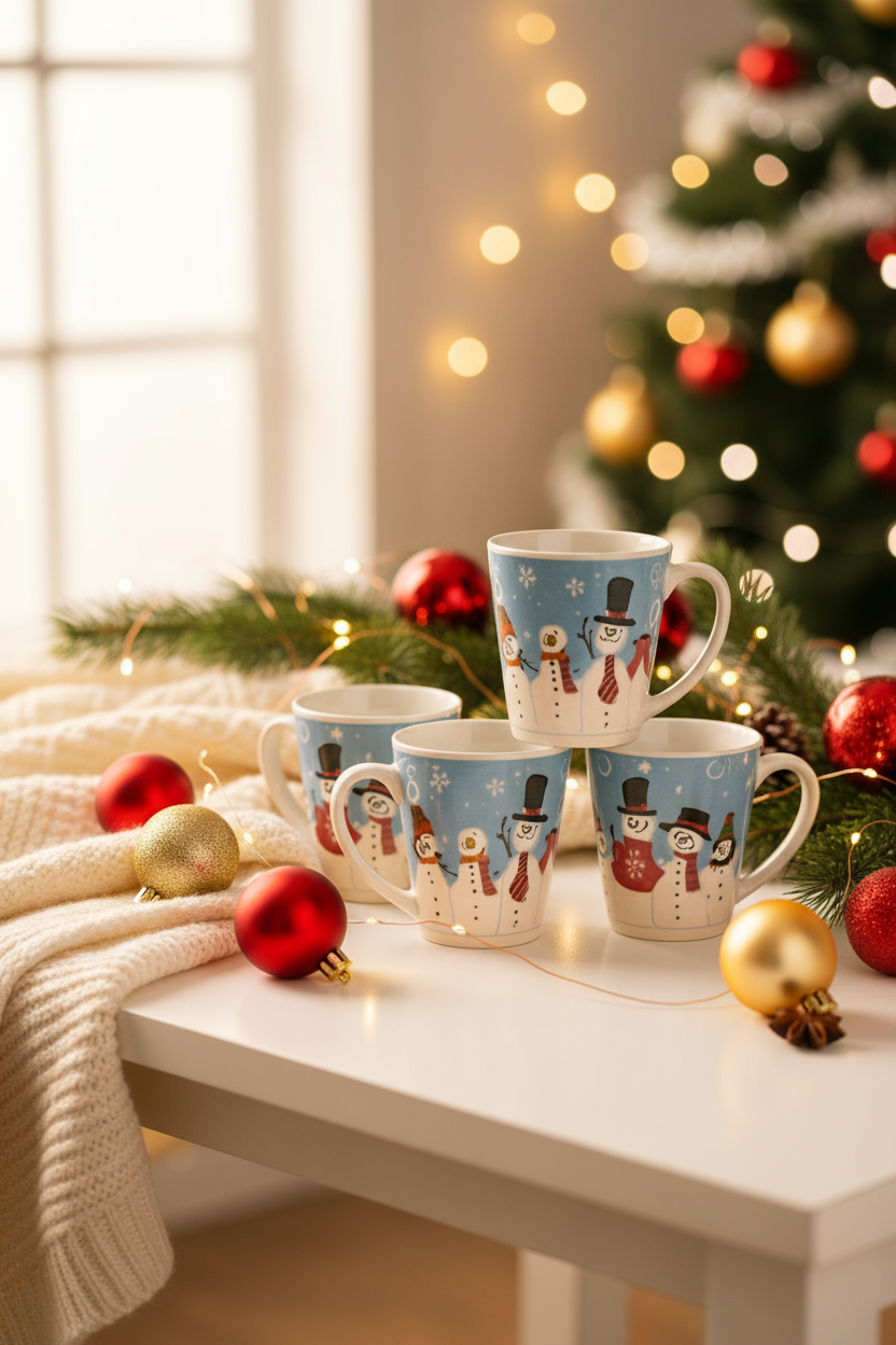 Imagen comercial tazas navideñas muñecos de nieve