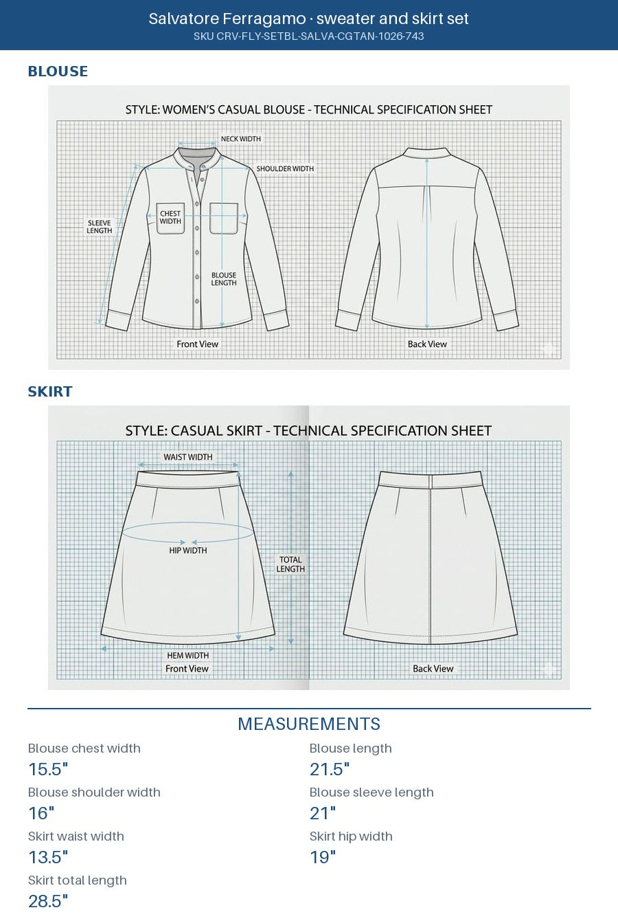 Salvatore Ferragamo - Blouse and skirt set - 100 Cotton - Sz L - Curuva Measurements