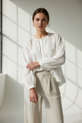 Nili Lotan White Ramie Lace Blouse - Commercial Image with Model