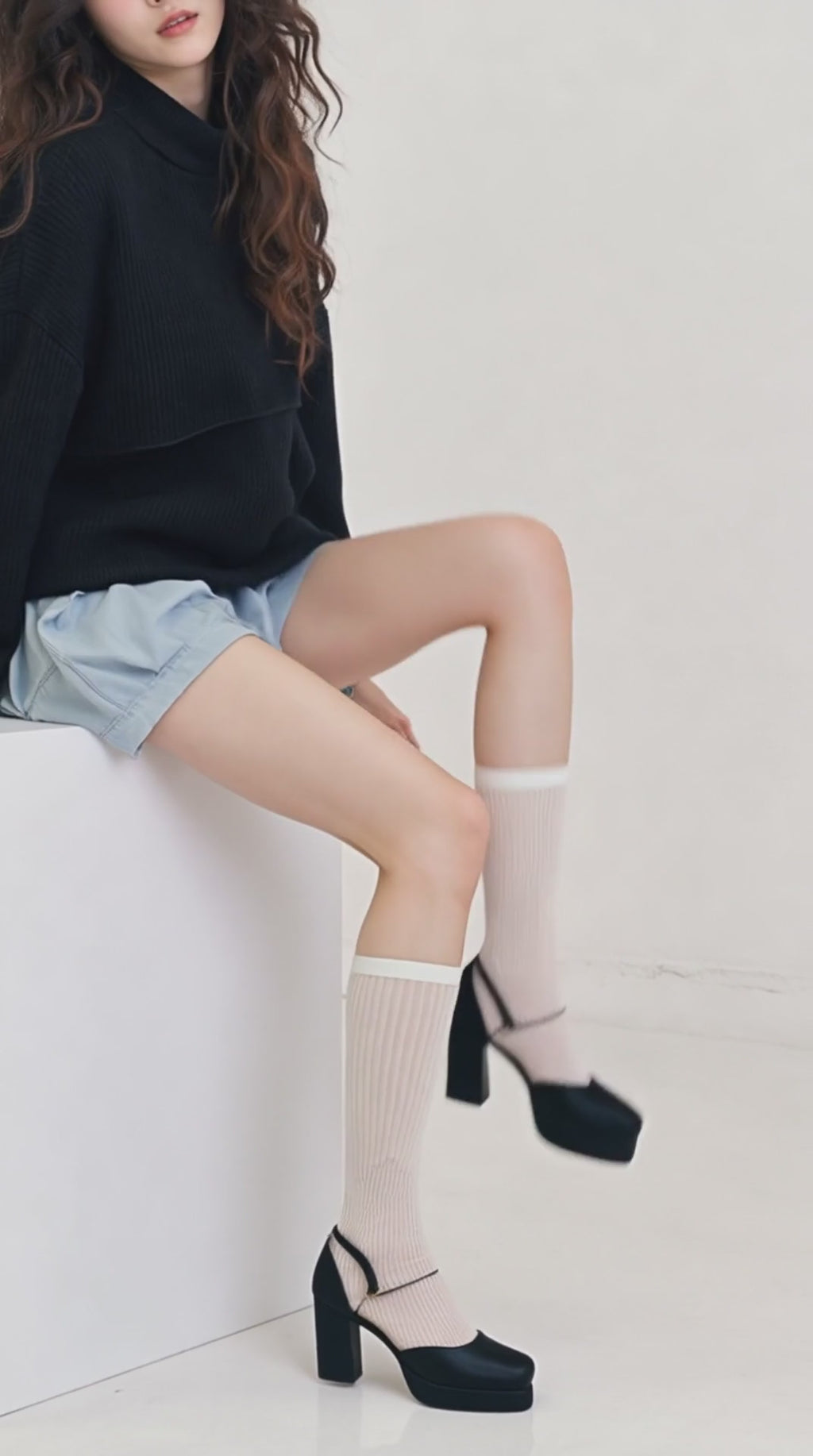 Xieda — Platform Block Heel | Black satin, ankle strap, gold buckle · Sz 6