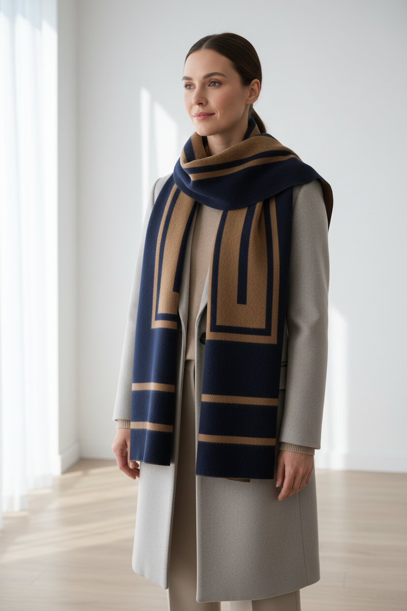 Vince Reversible Navy & Camel Scarf - Commercial Image with Model