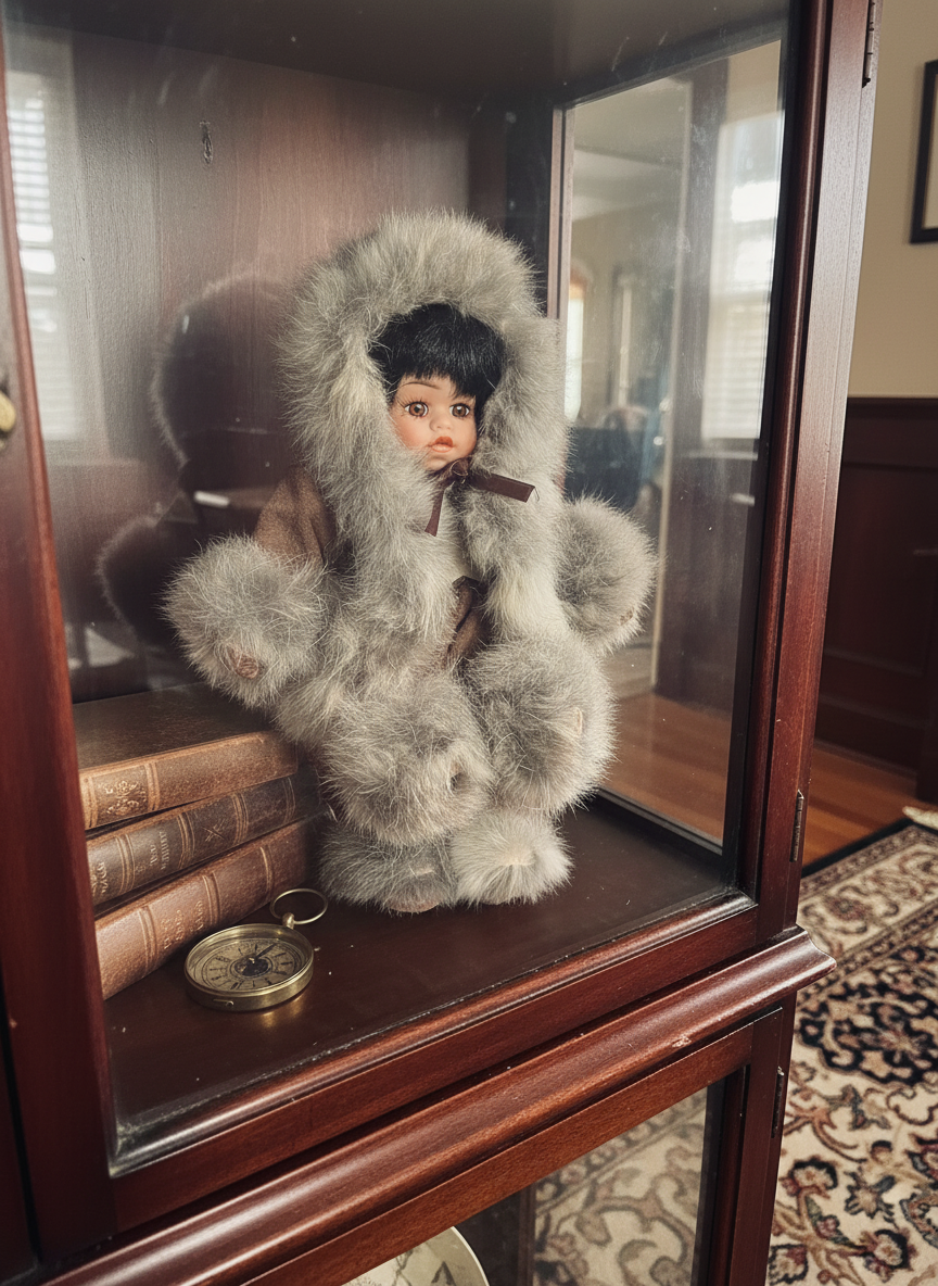 Vintage Porcelain Eskimo Doll in nostalgic collectible setting