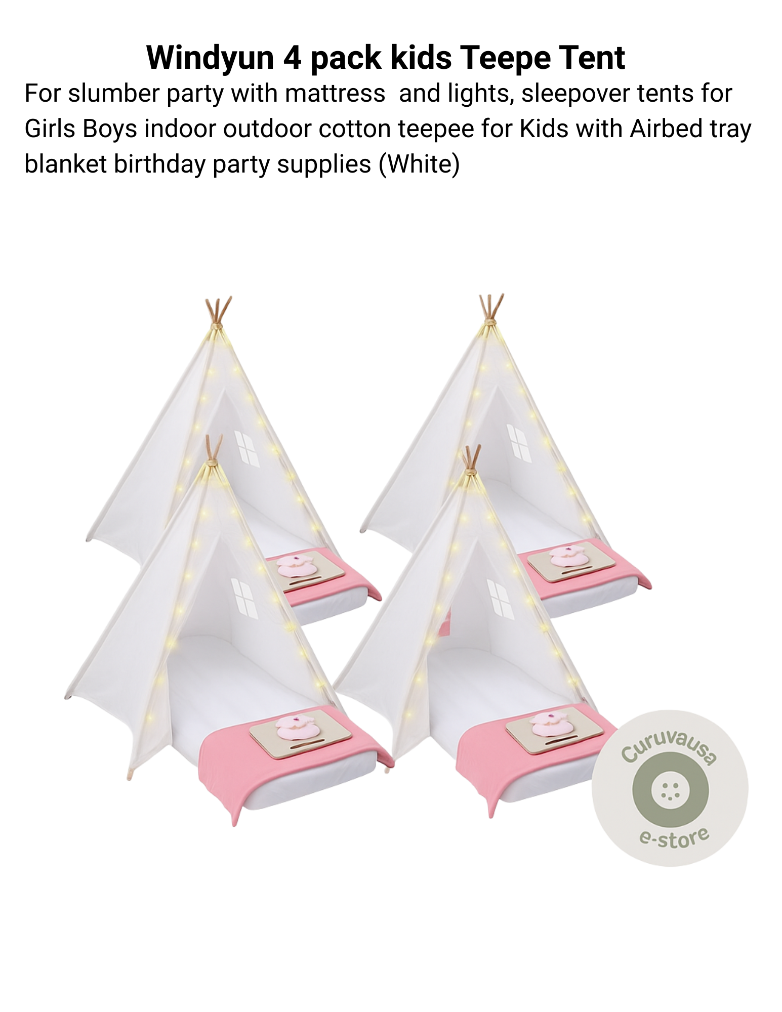 Windyun 4-Pack Kids Teepee Tent Set with Mattresses, Lights & Blankets